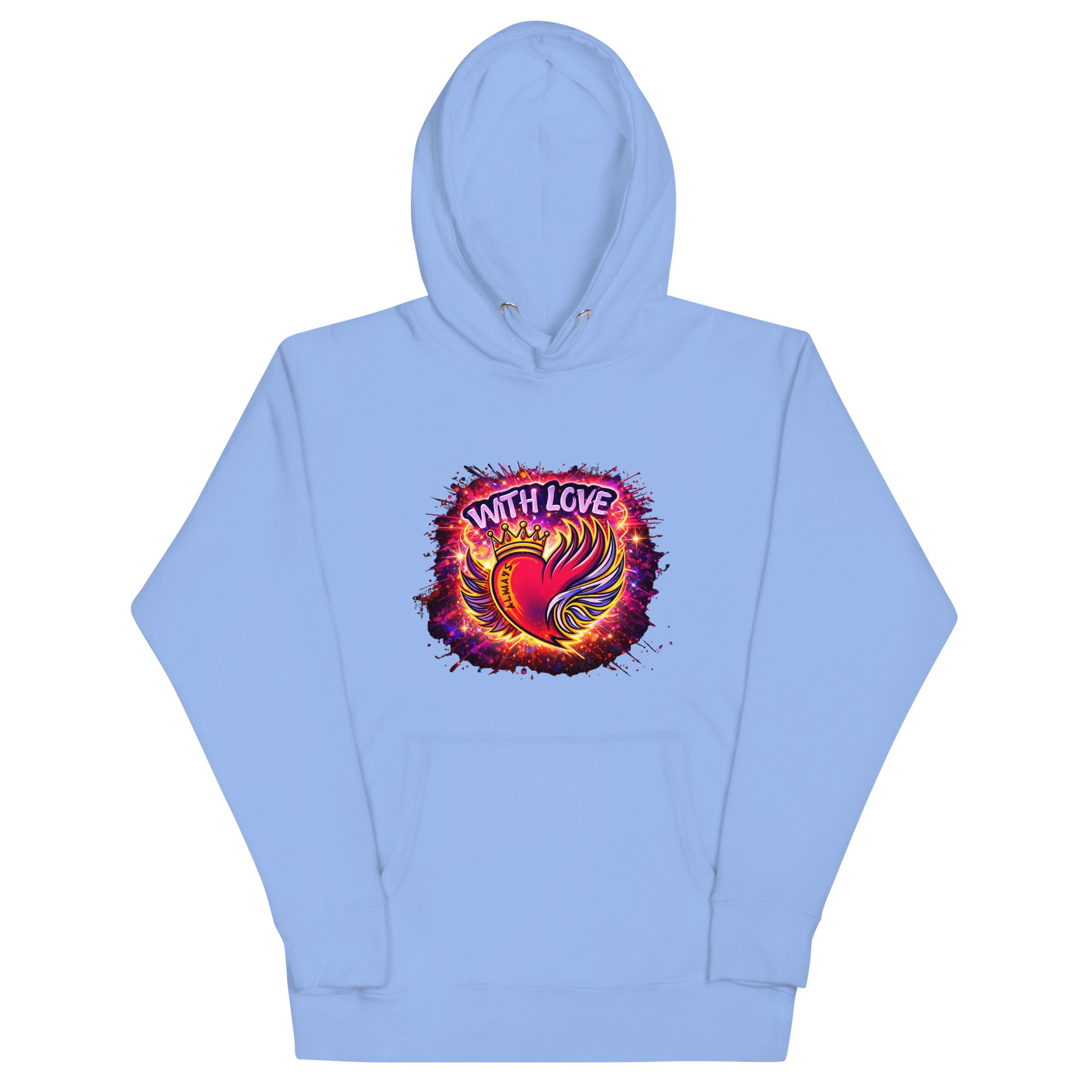 With Love Always graphic hoodie in Carolina Blue with heart and wings design on plain background