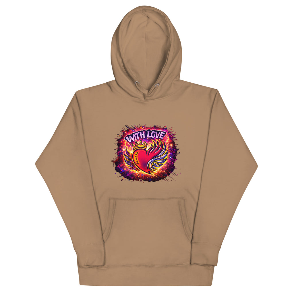 With Love Always graphic hoodie in Latte with heart and wings design on plain background