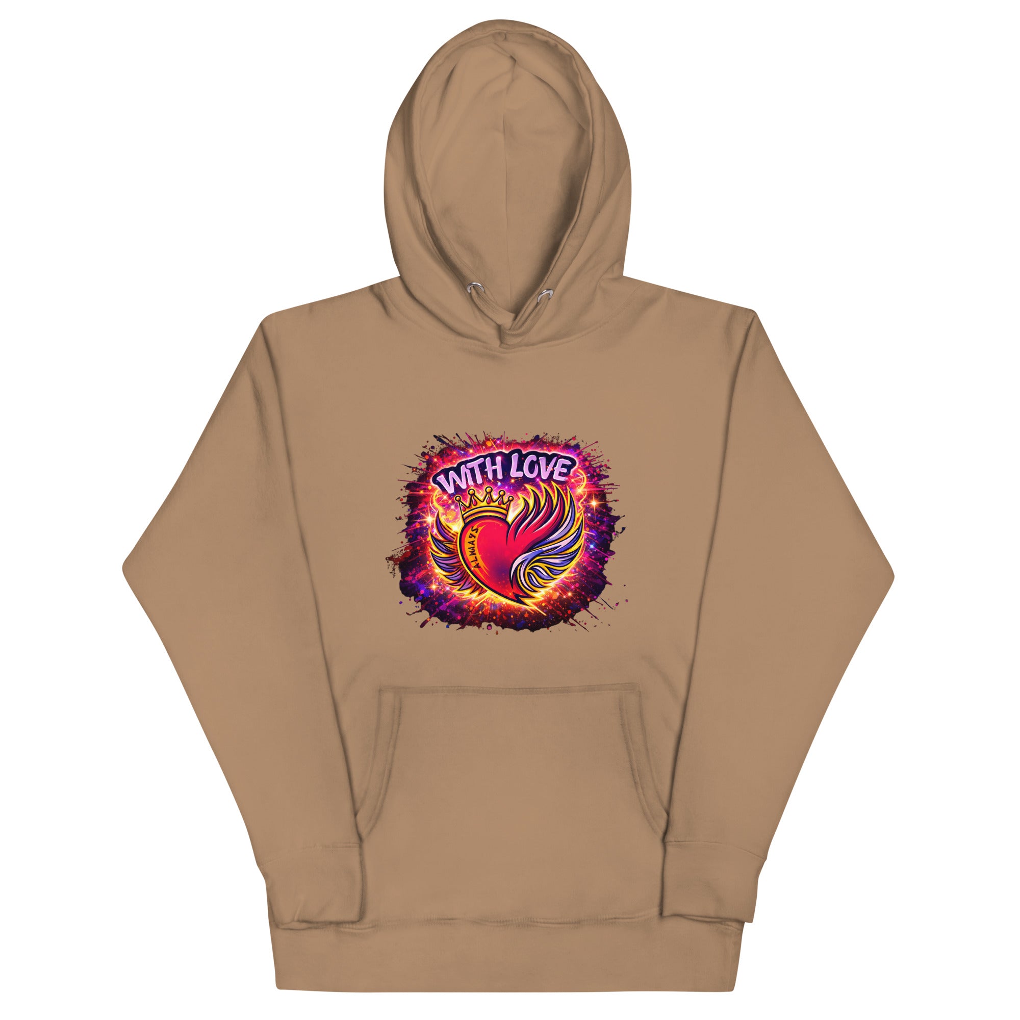 With Love Always graphic hoodie in Latte with heart and wings design on plain background