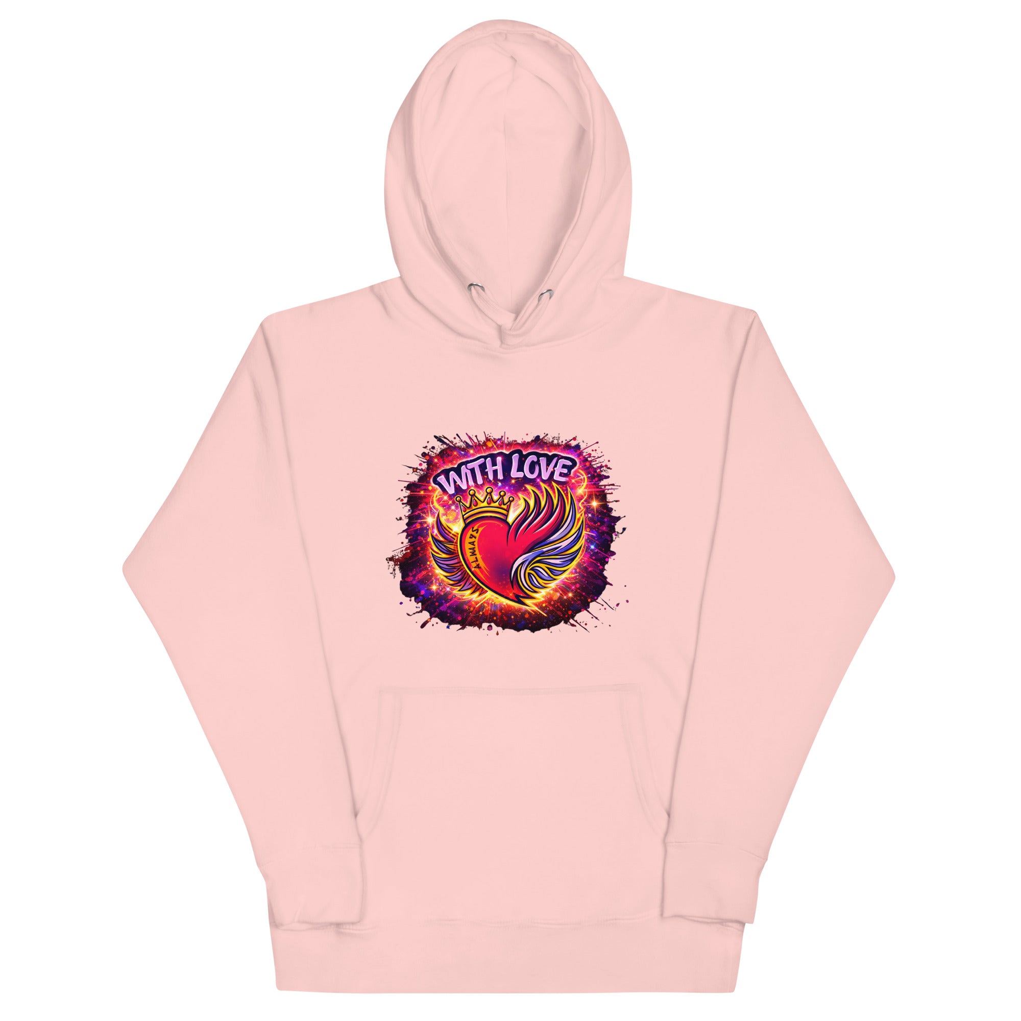 With Love Always graphic hoodie in Light Pink with heart and wings design on plain background