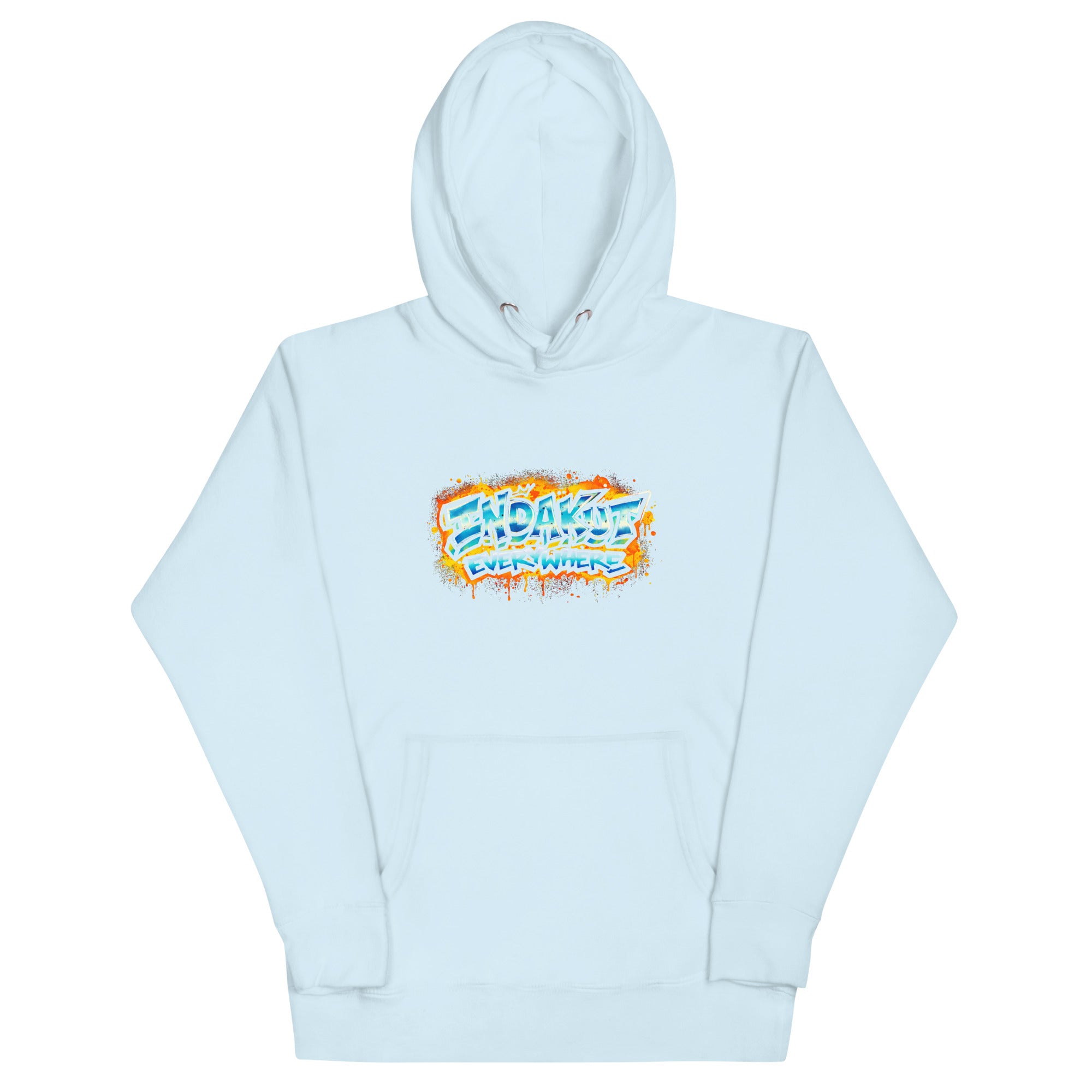 Indakut Everywhere signature hoodie in Sky Blue with graffiti logo for streetwear style