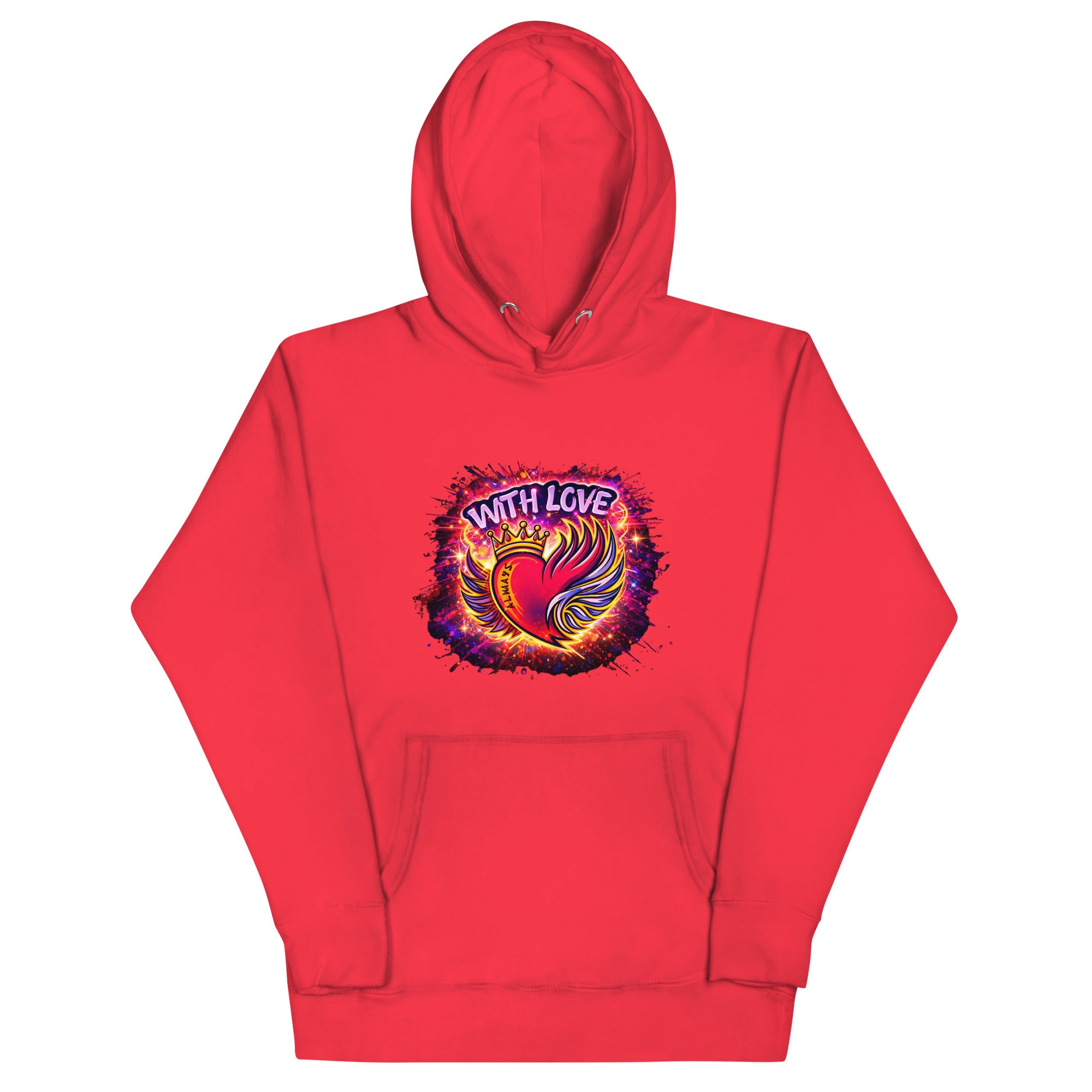 With Love Always graphic hoodie in Team Red with heart and wings design on plain background