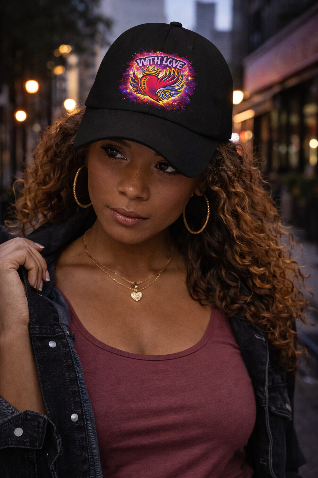 Woman wearing black With Love Always embroidered dad hat with heart and wings design in city street setting