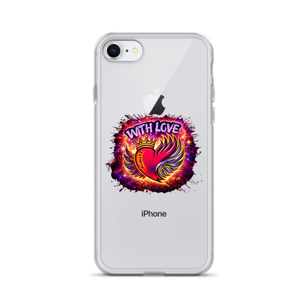With Love Always graphic iPhone case clear slim design with heart and wings artwork back view