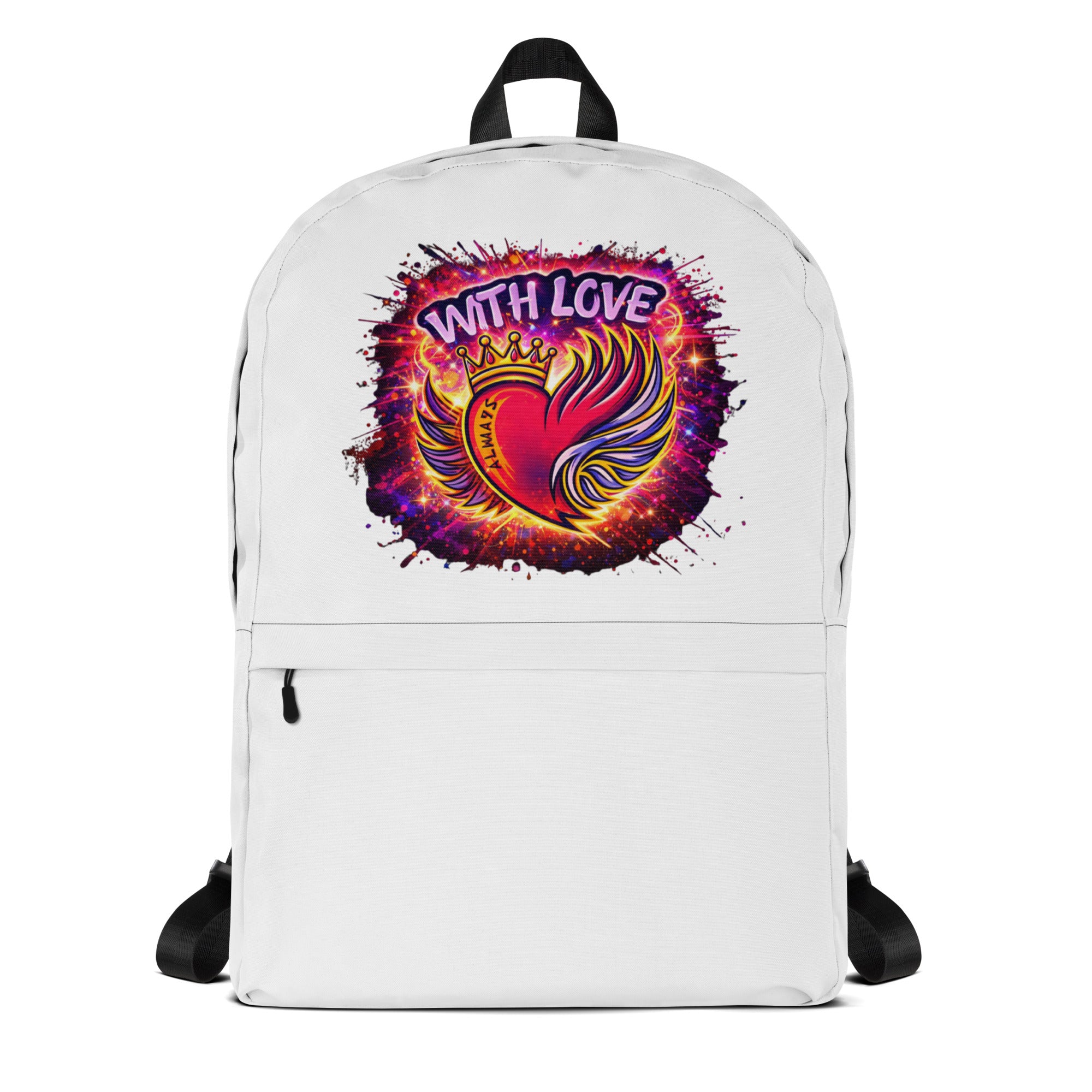 White With Love Always graphic backpack with heart and wings design front view on plain background