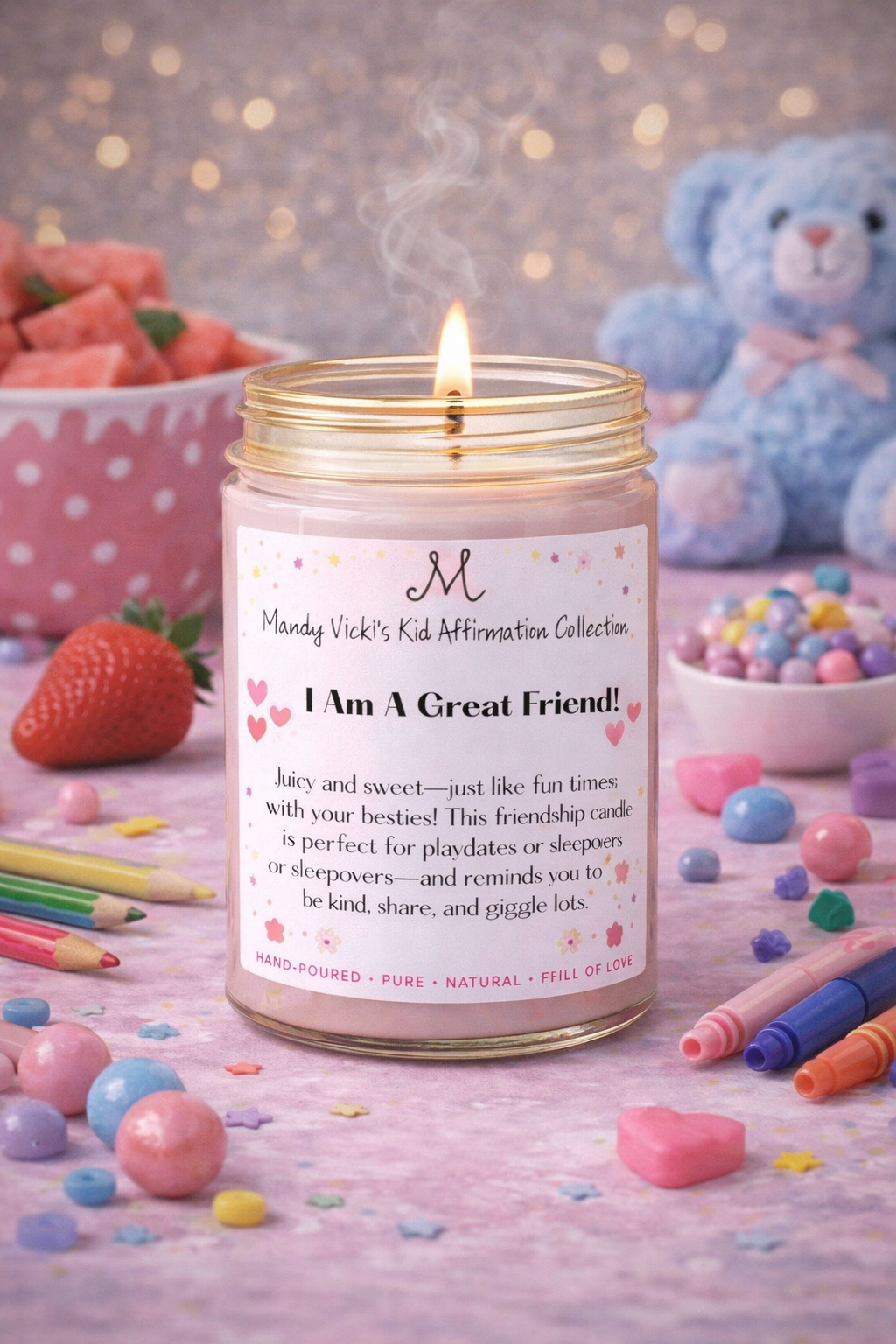 kids affirmation candle i am a great friend strawberry watermelon scented candle in glass jar with colorful playful background