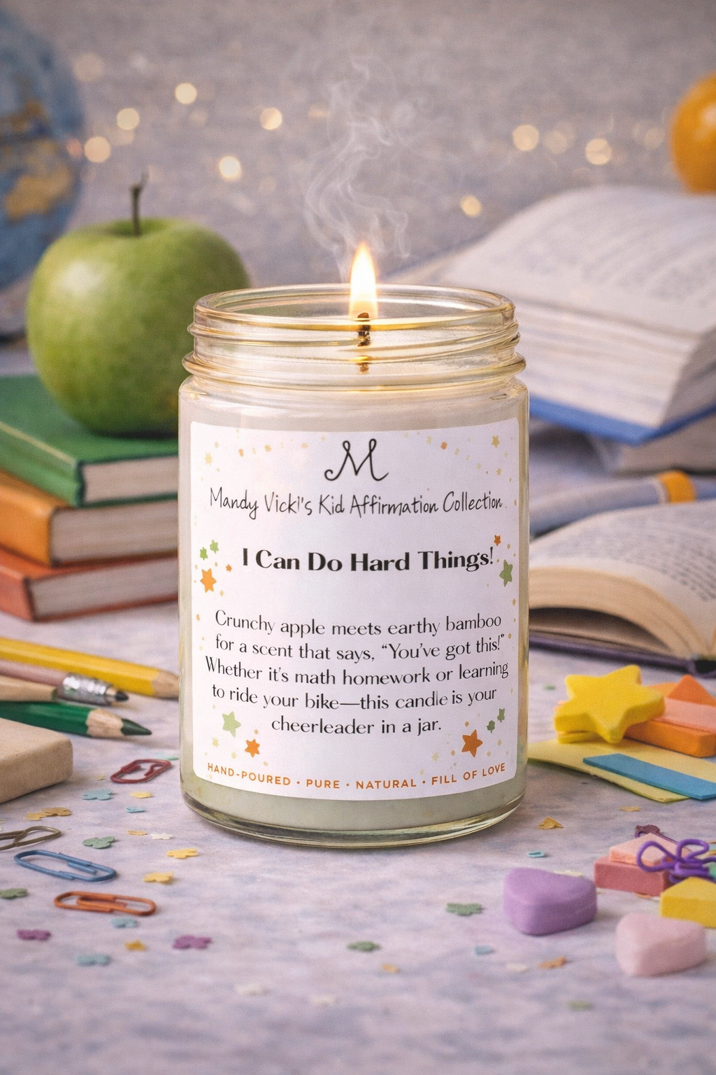 kids affirmation candle i can do hard things apple bamboo teak scented candle in glass jar with school supplies background