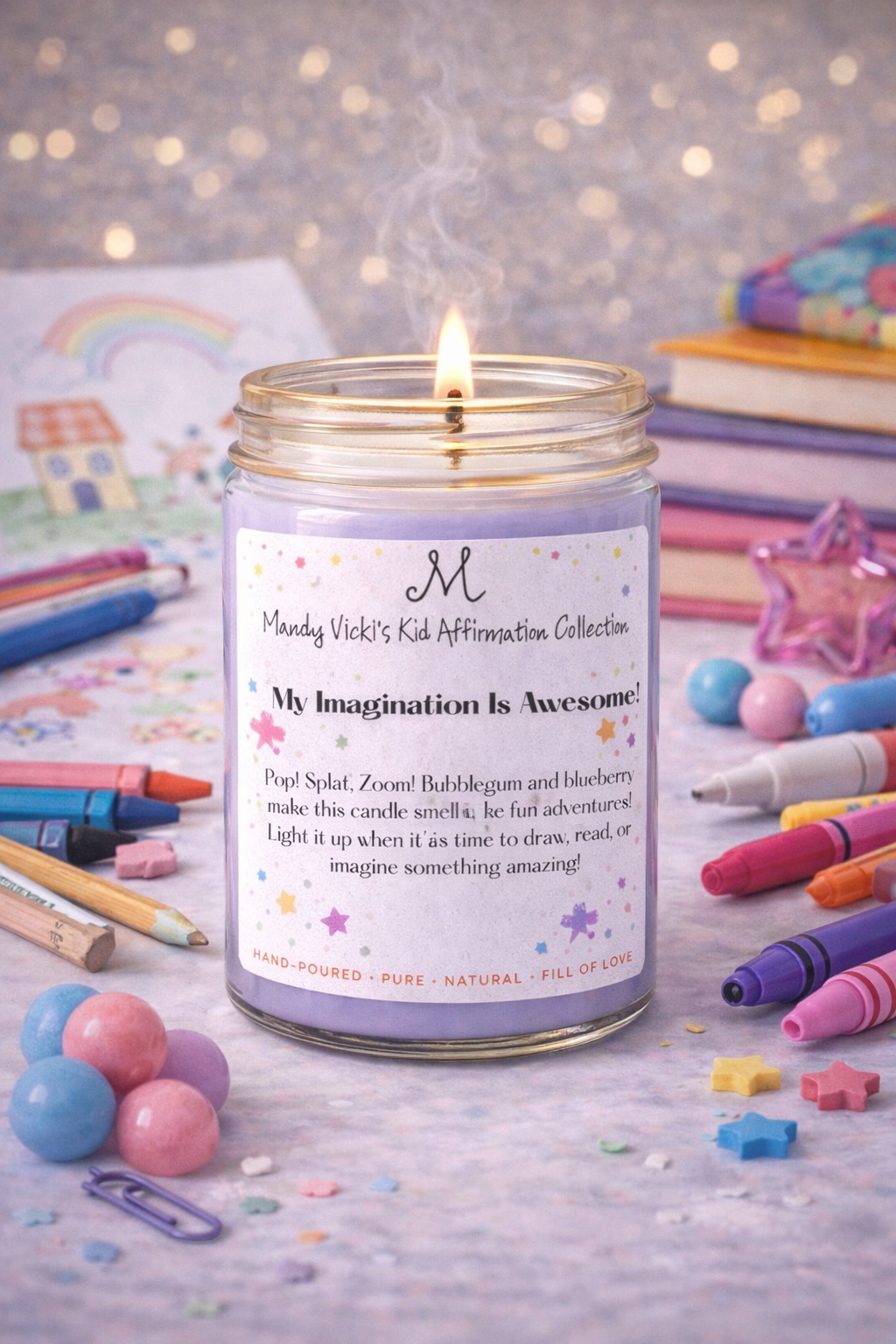 kids affirmation candle my imagination is awesome bubblegum blueberry scented candle in glass jar with crayons and art supplies