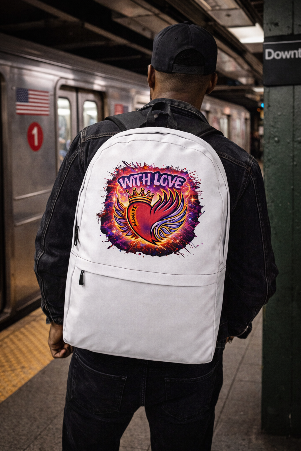 Man wearing white With Love Always graphic backpack with heart and wings design in subway station