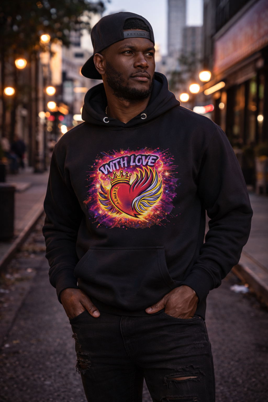 Man wearing black With Love Always graphic hoodie with colorful heart design at night in urban street
