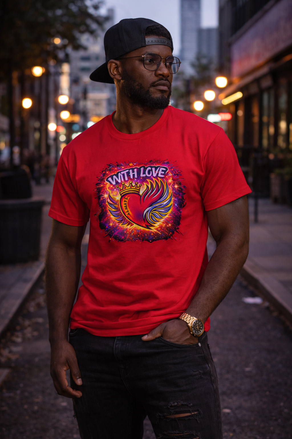 Man wearing red With Love Always graphic t-shirt with colorful heart design in urban street at night