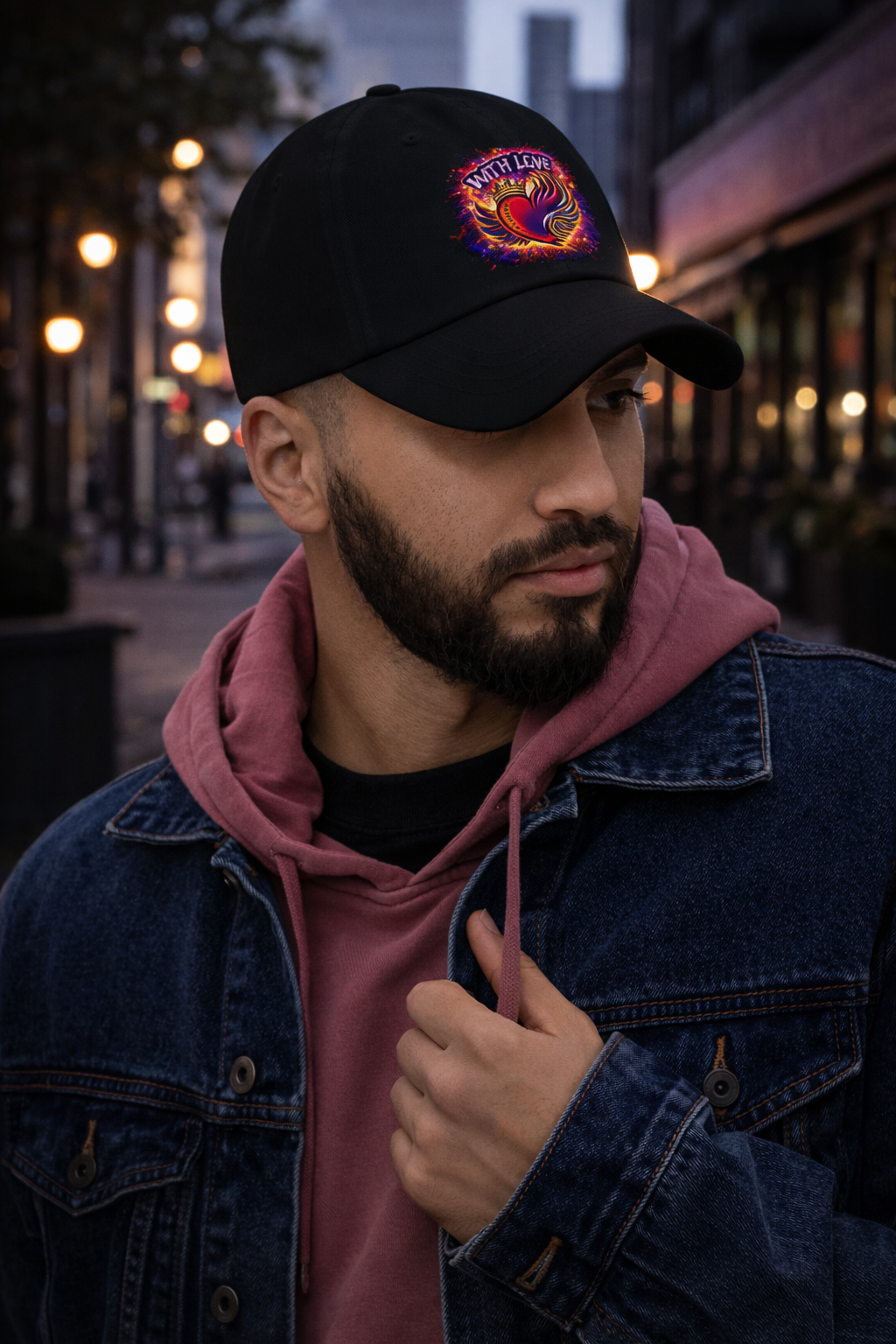 Man wearing black With Love Always embroidered dad hat with heart logo in urban evening street