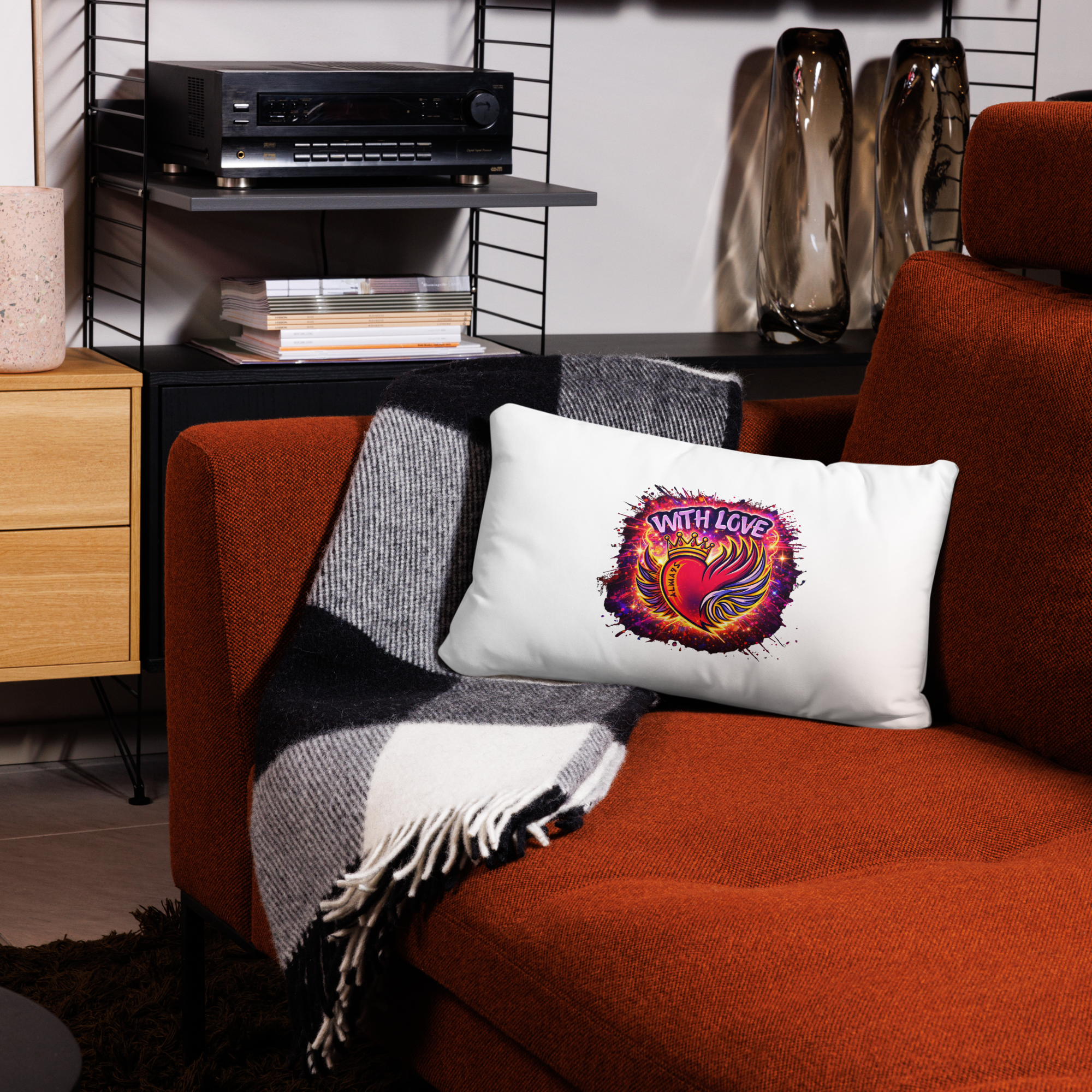 With Love Always decorative pillow with heart design on modern orange couch in styled living space