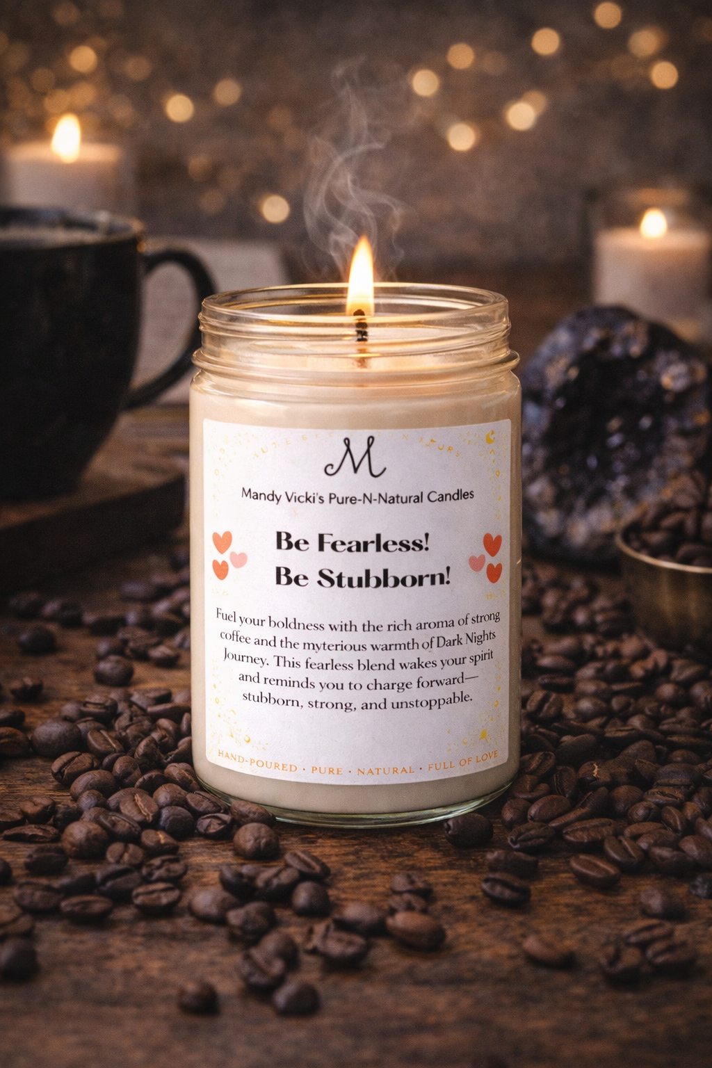 motivational affirmation candle for women be fearless be stubborn coffee scented candle in glass jar with coffee beans background