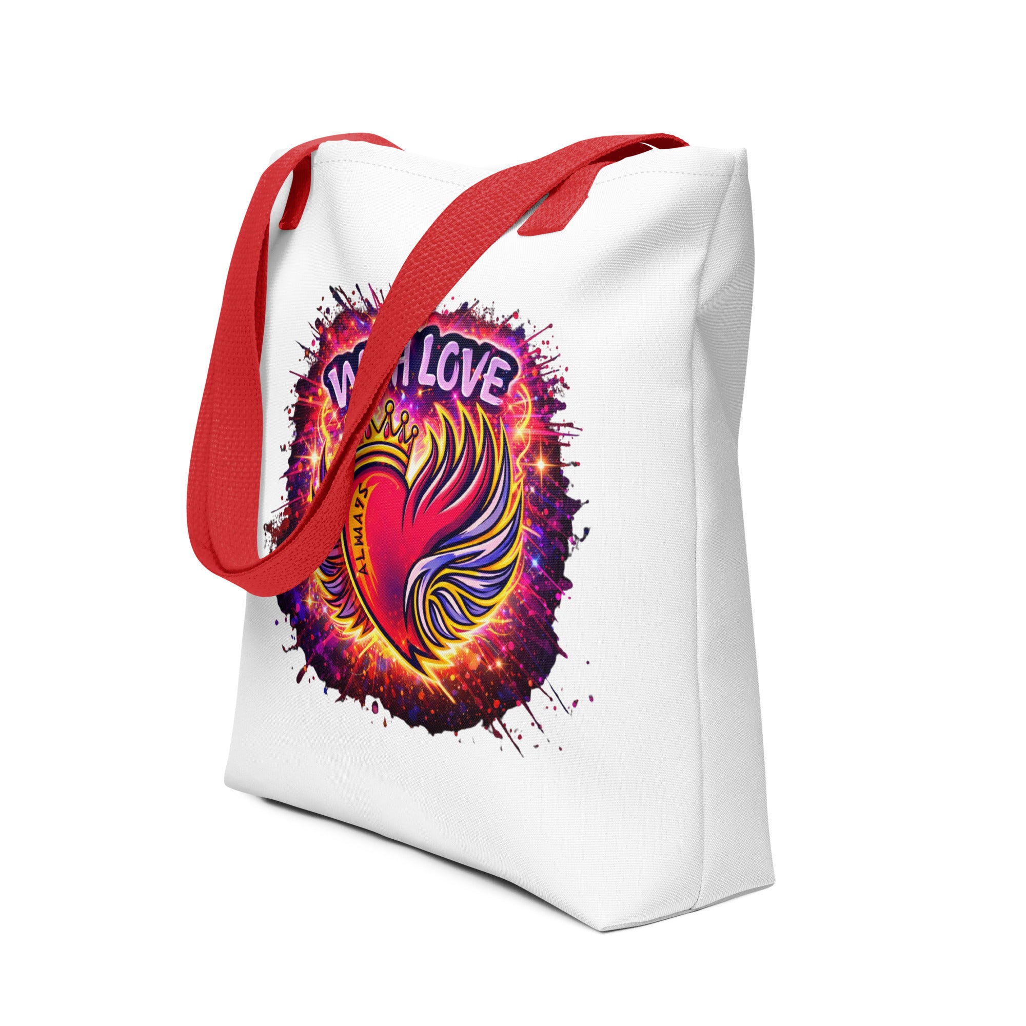 With Love Always graphic tote bag with red handles and colorful heart design front view