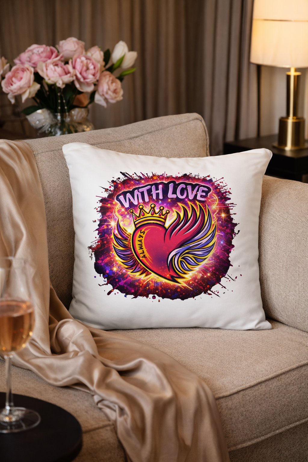 With Love Always decorative throw pillow with heart and wings design on beige couch in cozy living room