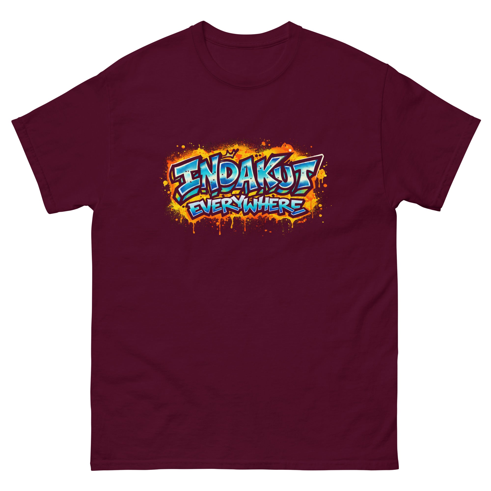 Indakut Everywhere classic t-shirt in Maroon with graffiti logo design for streetwear apparel