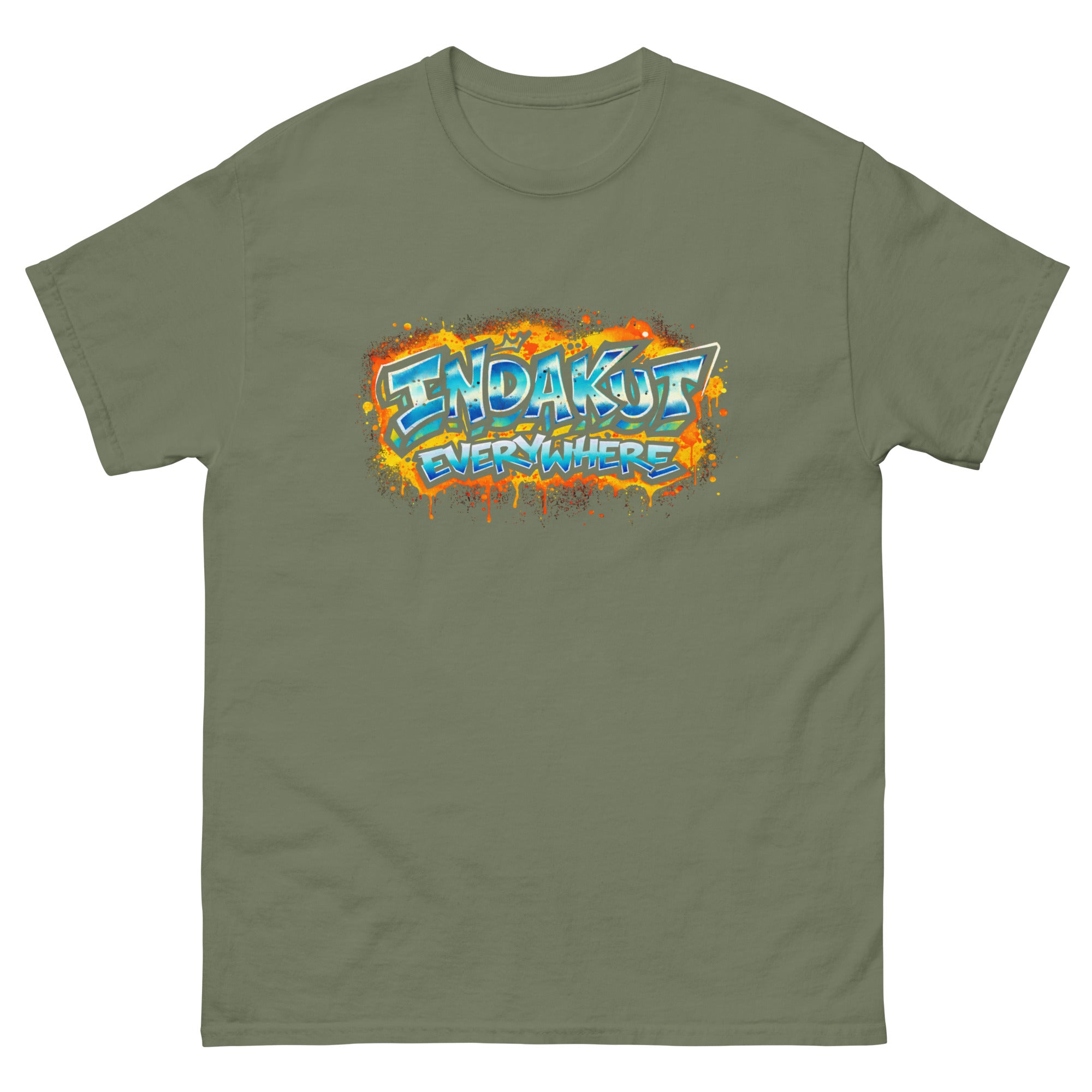 Indakut Everywhere classic t-shirt in Military Green with graffiti logo design for streetwear apparel