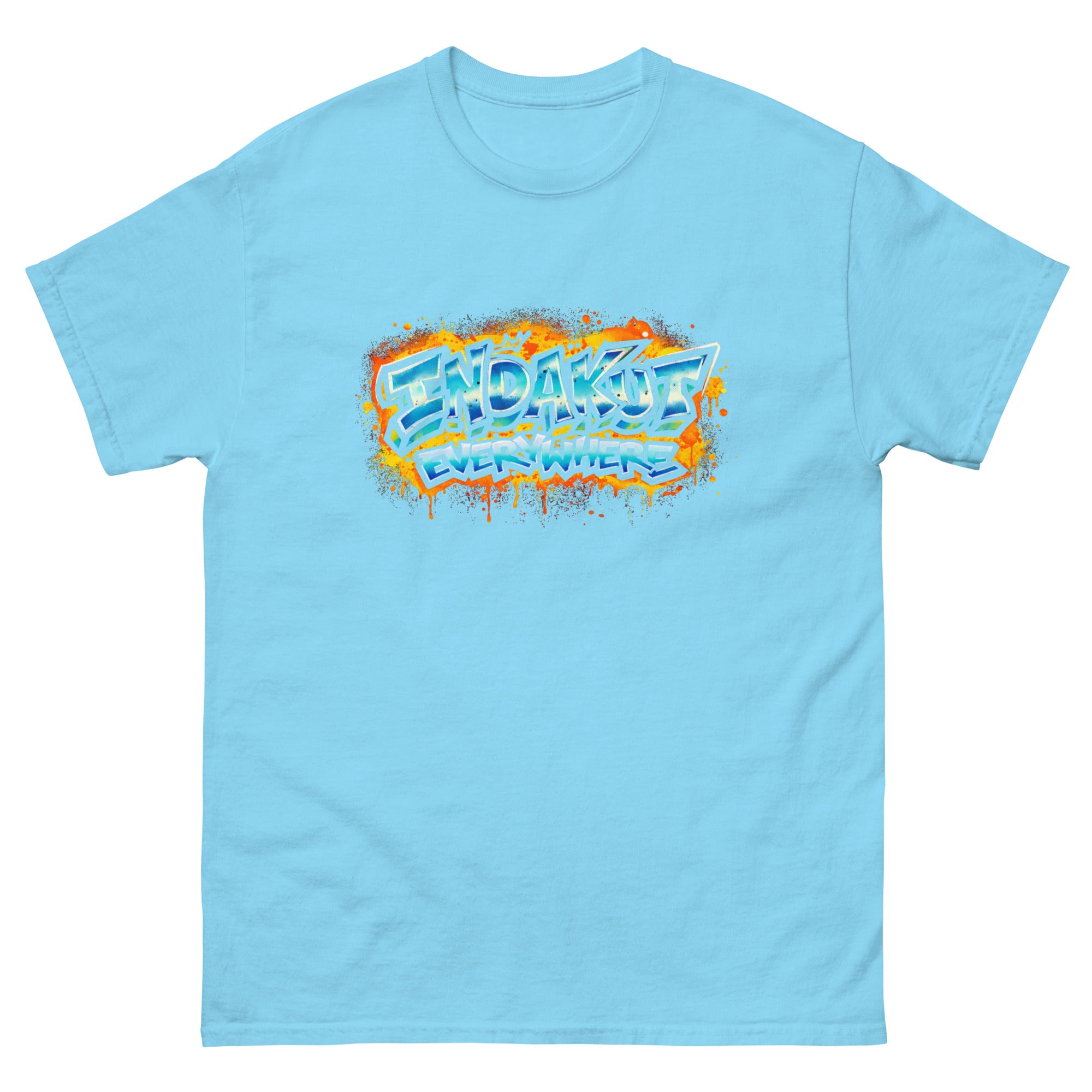 Indakut Everywhere classic t-shirt in Sky with graffiti logo design for streetwear apparel