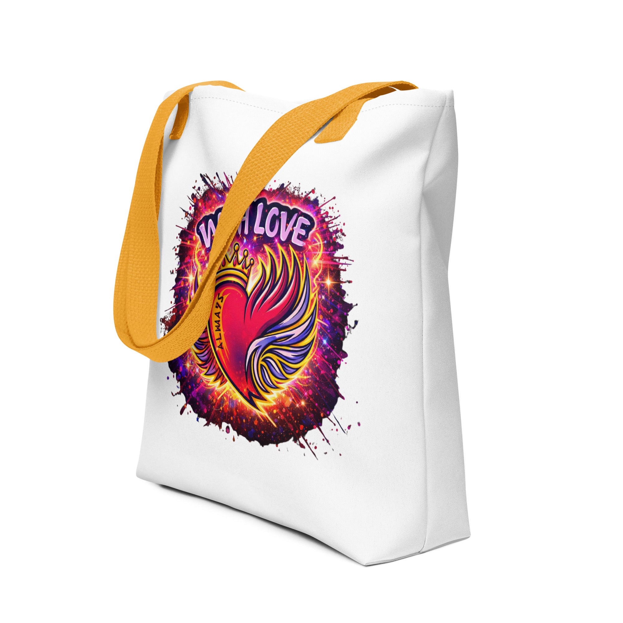 With Love Always graphic tote bag with yellow handles and heart and wings design front view