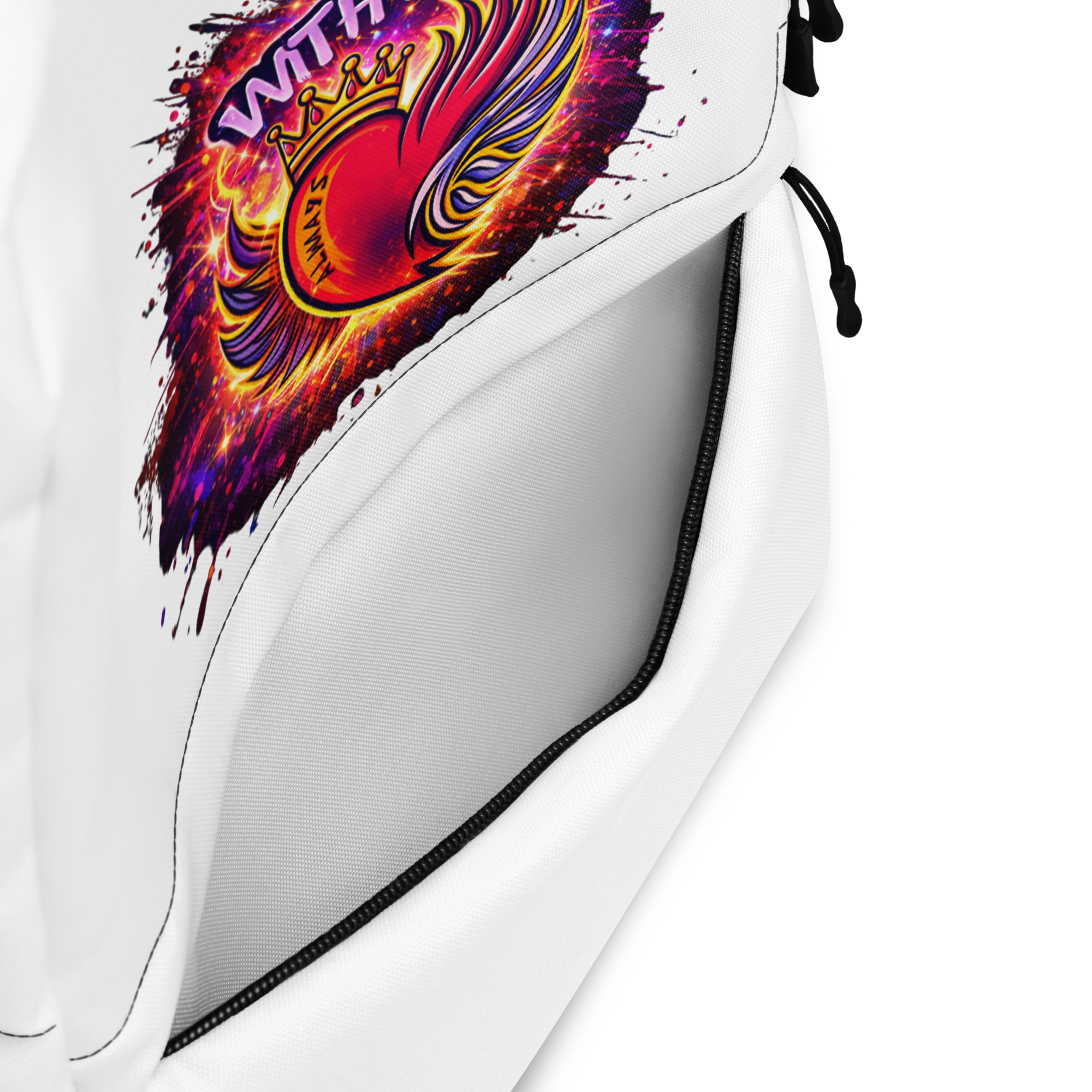 Close-up of white With Love Always backpack zipper pocket and fabric detail